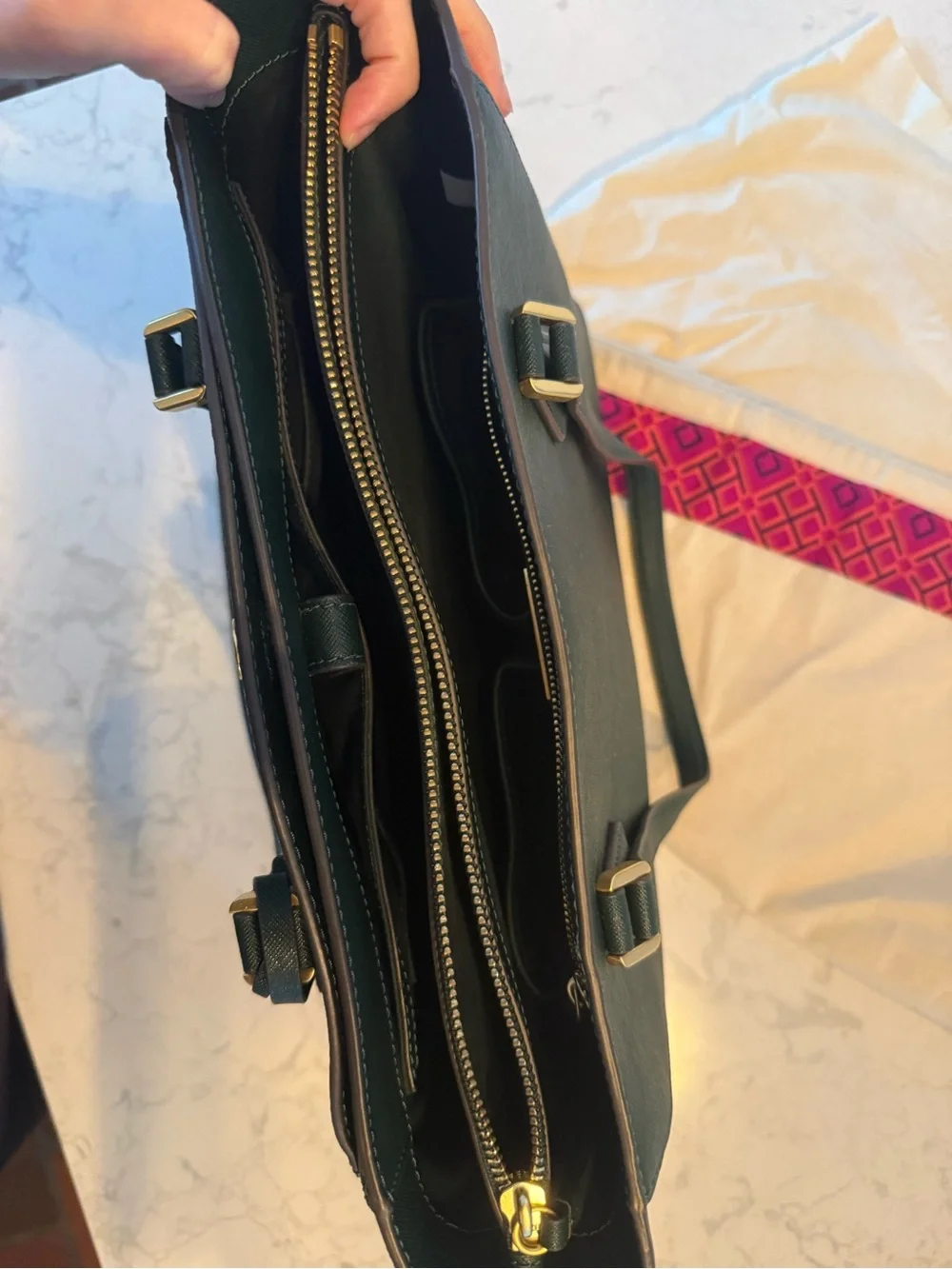 Tory Burch Deep Teal Saffiano Leather Tote with Gold Hardware